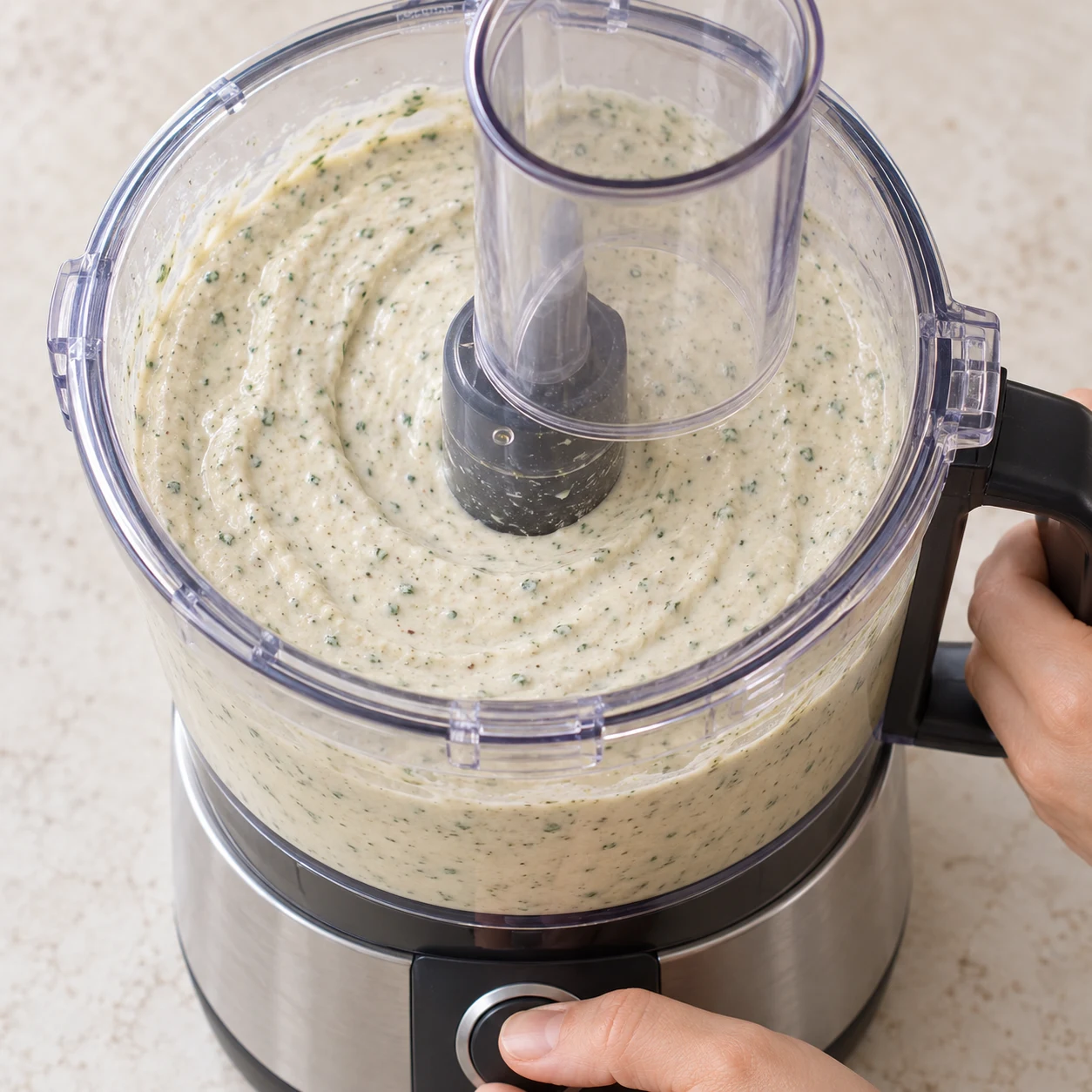 Mixeur fermé contenant une crème pâle épaisse et mouchetée d’herbes ; mains sur commandes sans texte lisible.