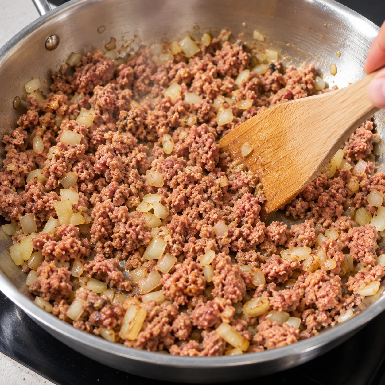 Ajoutez les 200 g de haché végétal à l’oignon et détachez les morceaux avec la spatule. Respectez la cuisson complète indiquée sur le paquet ; le conseil de sous-cuisson de viande ne s’applique pas.