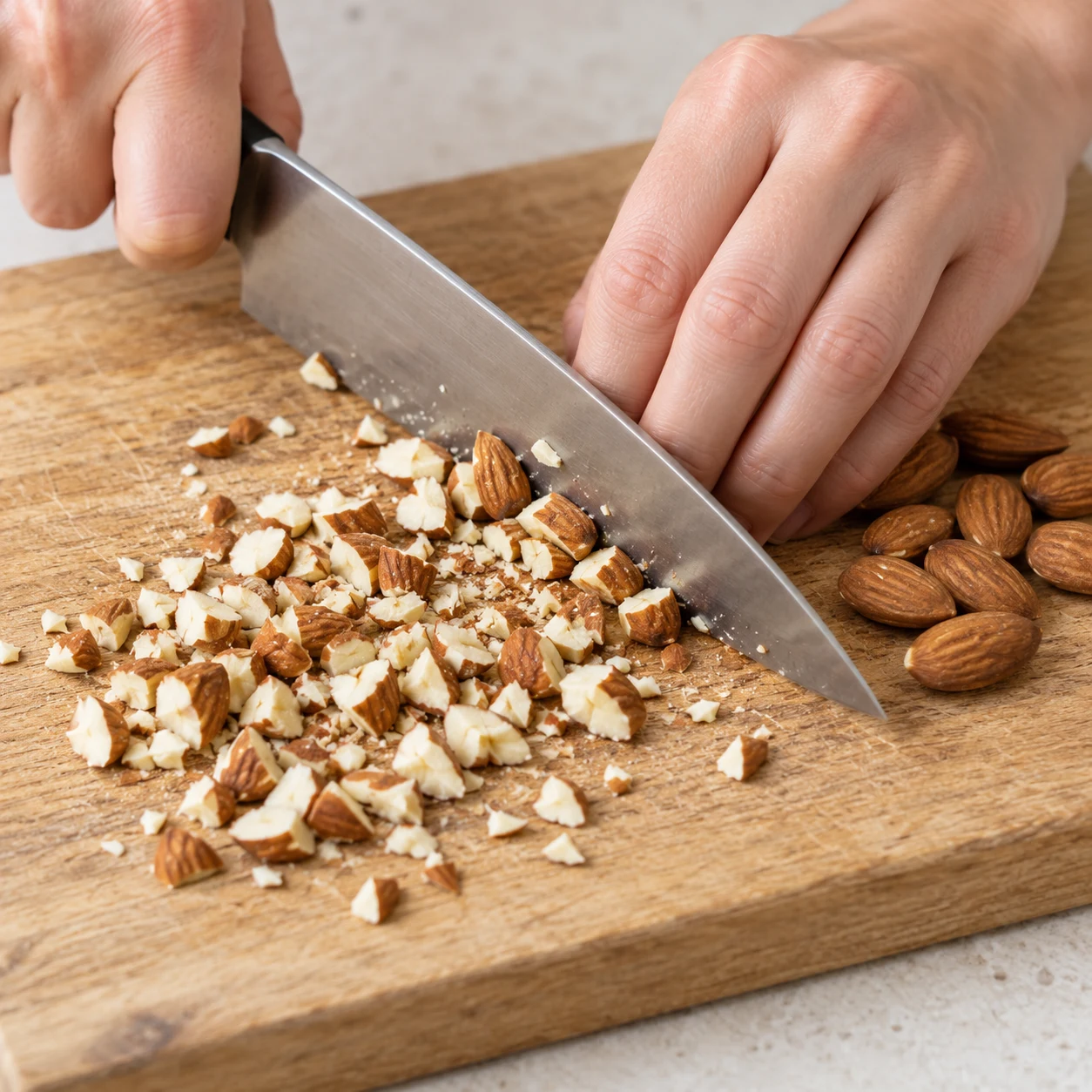 Une main anonyme hache des amandes, doigts protégés, petits éclats encore reconnaissables.