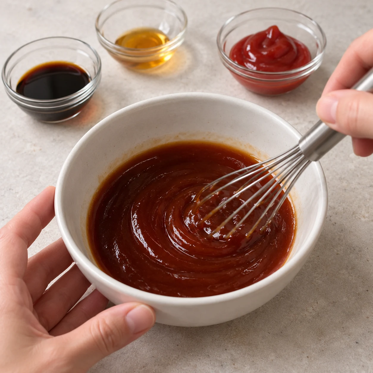 Mélange les 30 ml de sauce soja, les 5 ml d’huile de sésame et les 20 g de ketchup dans un bol. Une seule phase, ingrédients de la variante uniquement.