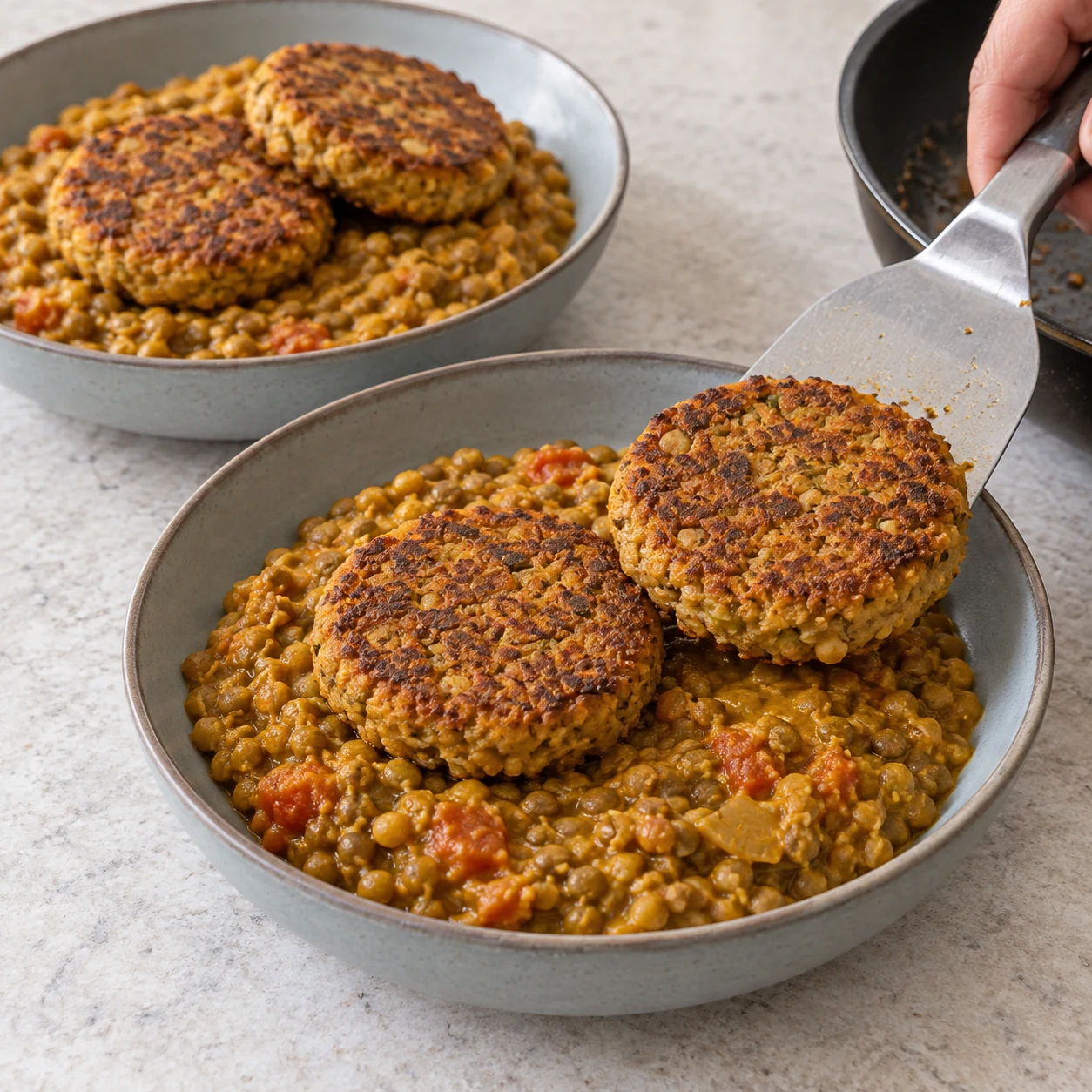 Dépose deux steaks végétaux dorés, soit la moitié des 400 g, sur chaque assiette de dhal. Montrer : Les deux assiettes reçoivent chacune deux steaks végétaux bien visibles. Aucun poisson. Steaks végétaux ronds, texture finement hachée de pois et fèveroles, aucun tofu, aucun feuilletage de poisson.