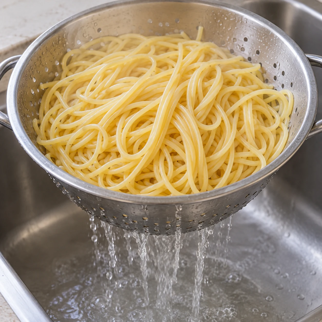 Égouttez les spaghettis dans une passoire. Montrer seulement l’action et cet état de cuisson.