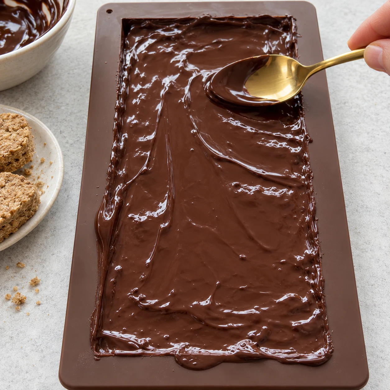 Cuillère dorée qui étale finement du chocolat noir fondu sur une couche de croustillant dans un moule à tablette en silicone.