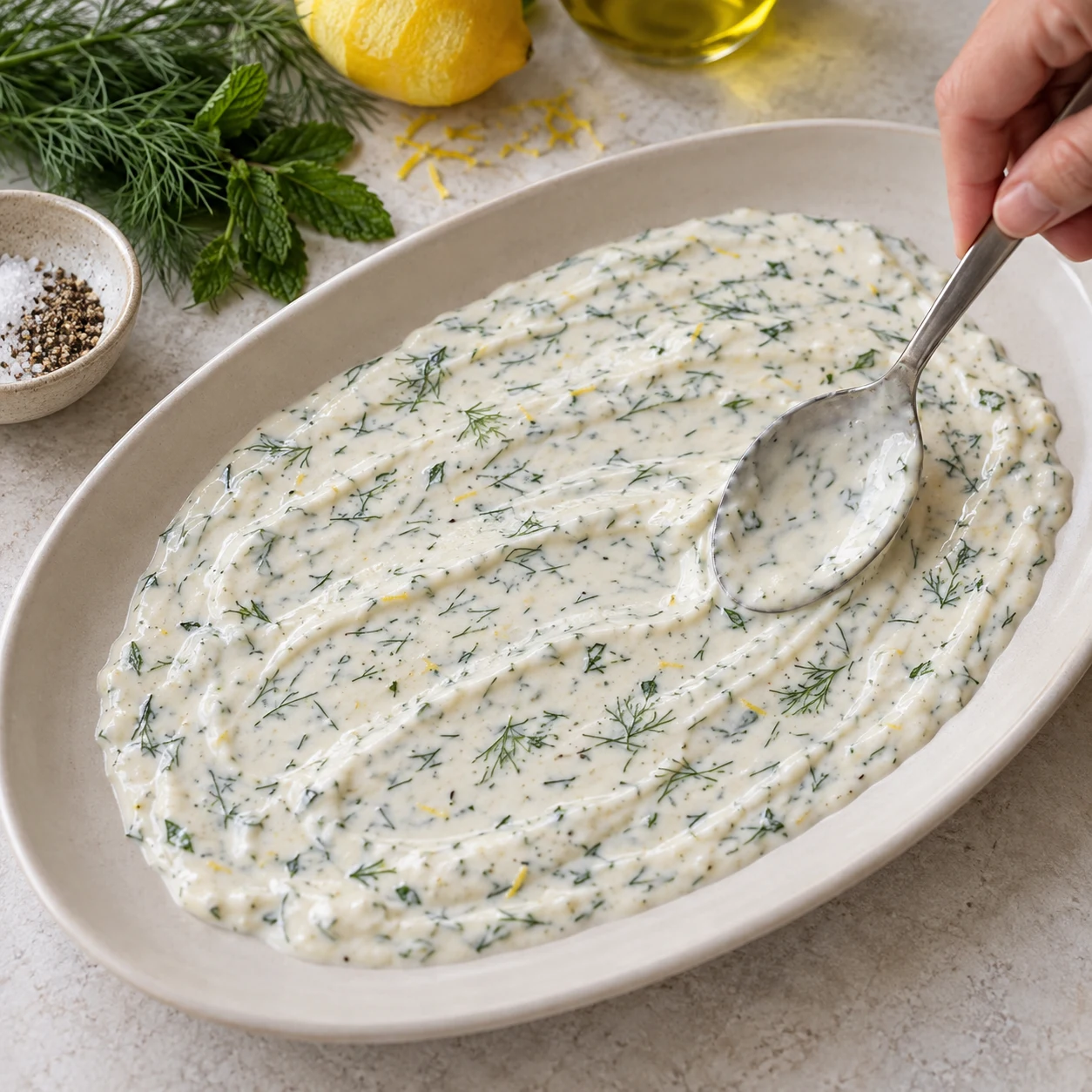 Cuillère étalant la sauce blanche aux herbes dans un plat ovale neutre, sans carotte ni graine.