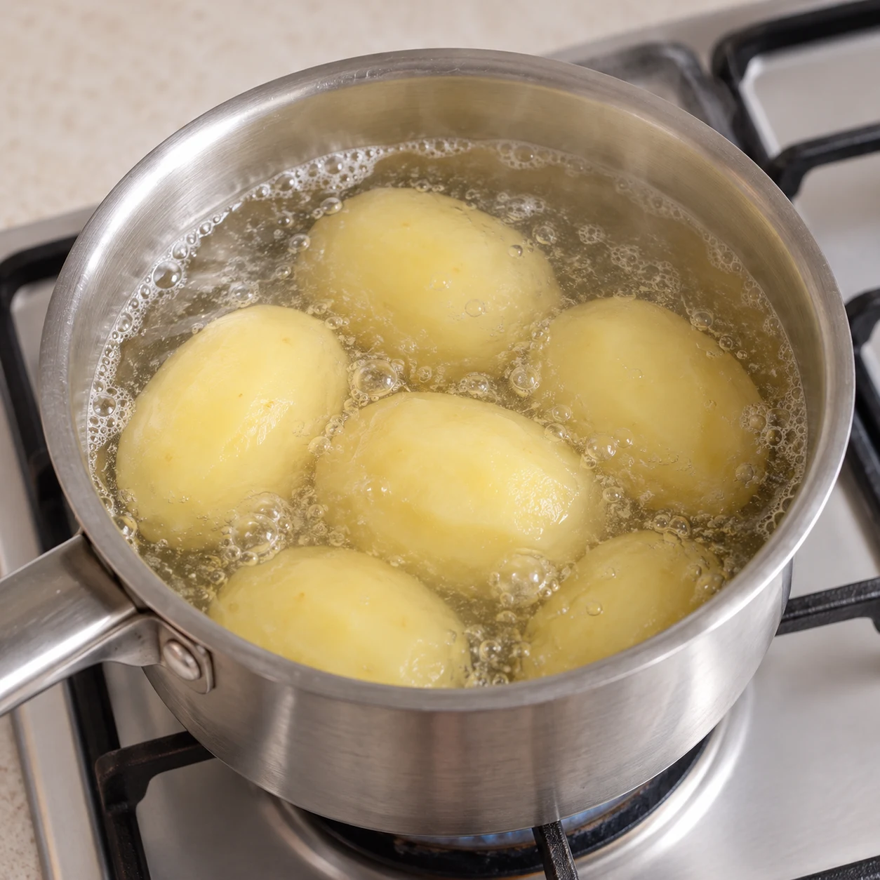 Pommes de terre entières pelées dans une casserole d’eau frémissante.