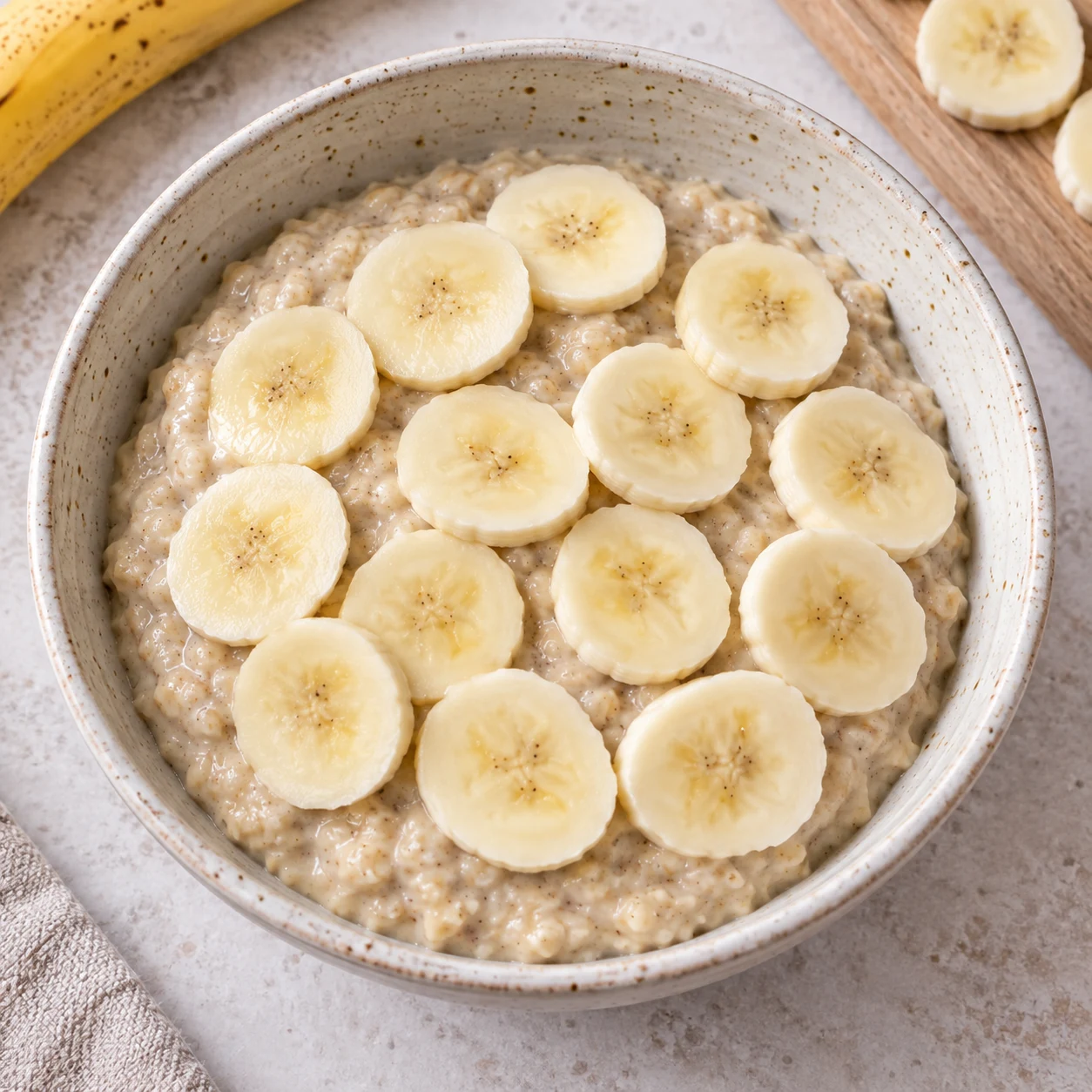 Rondelles de banane posées sur porridge; aucun beurre de cacahuète ni chocolat à ce stade.