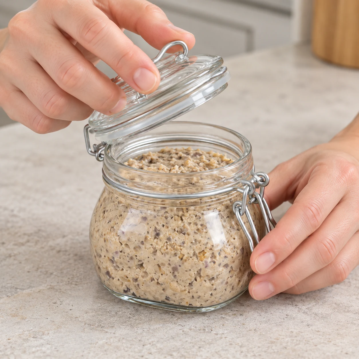 Main anonyme fermant un bocal rempli de pâté beige granuleux; pas de pain ni de cornichons.