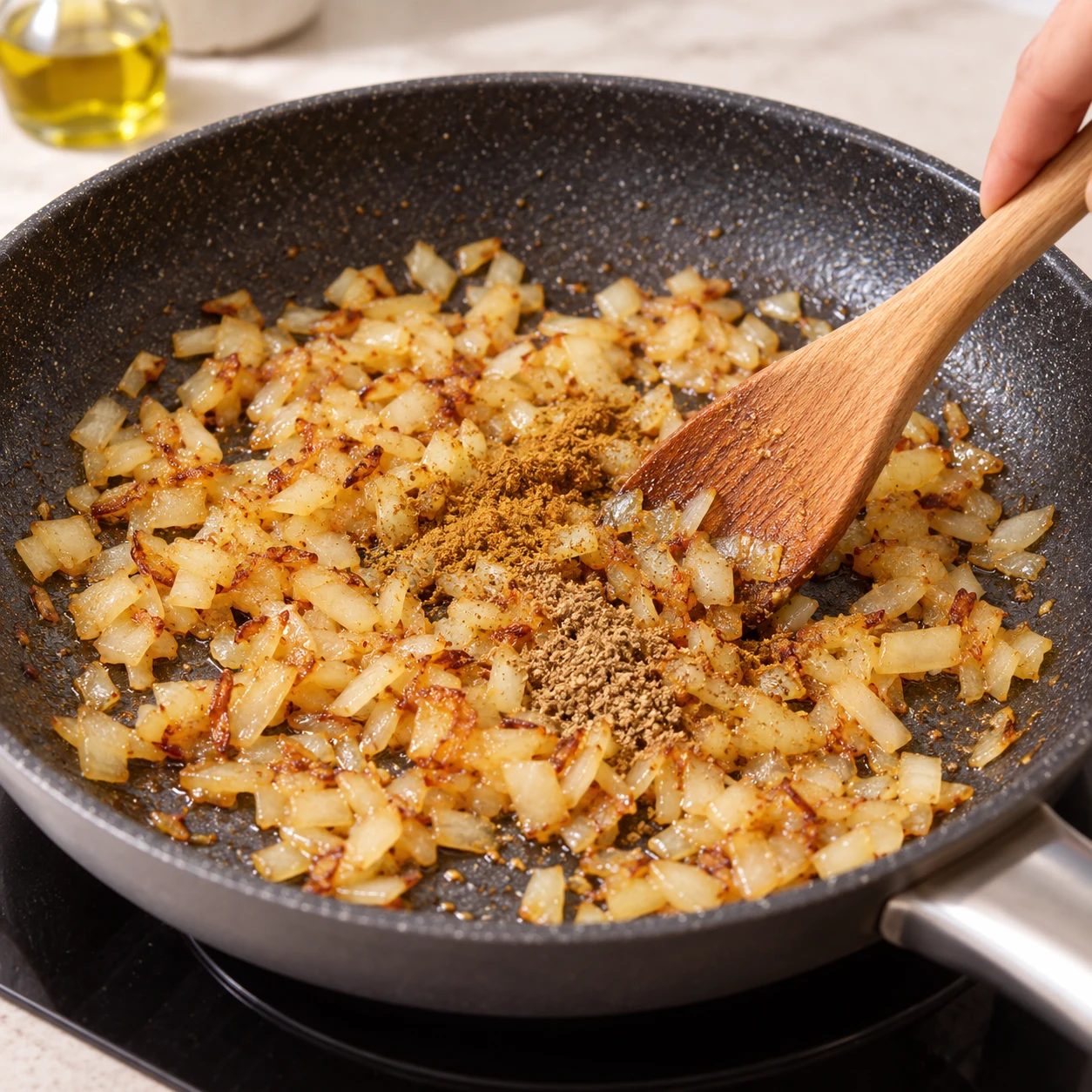 Oignon haché doré saupoudré de cumin et de coriandre moulus dans une poêle noire huilée.