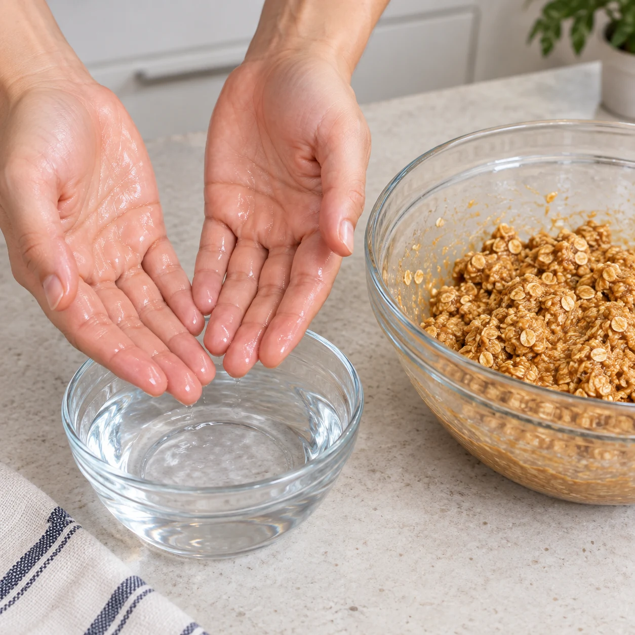 Deux mains adultes anonymes légèrement humidifiées au-dessus d’un petit bol d’eau ; saladier de pâte avoine-cacahuètes à côté. L’humidification est prescrite par la légende, la capture ne montre que le bol d’eau et le façonnage adjacent.