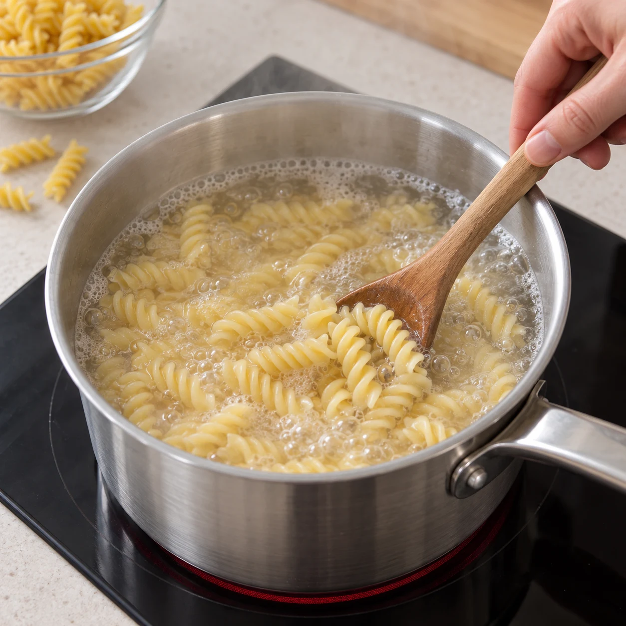 Cuisson des fusilli seuls dans une casserole.