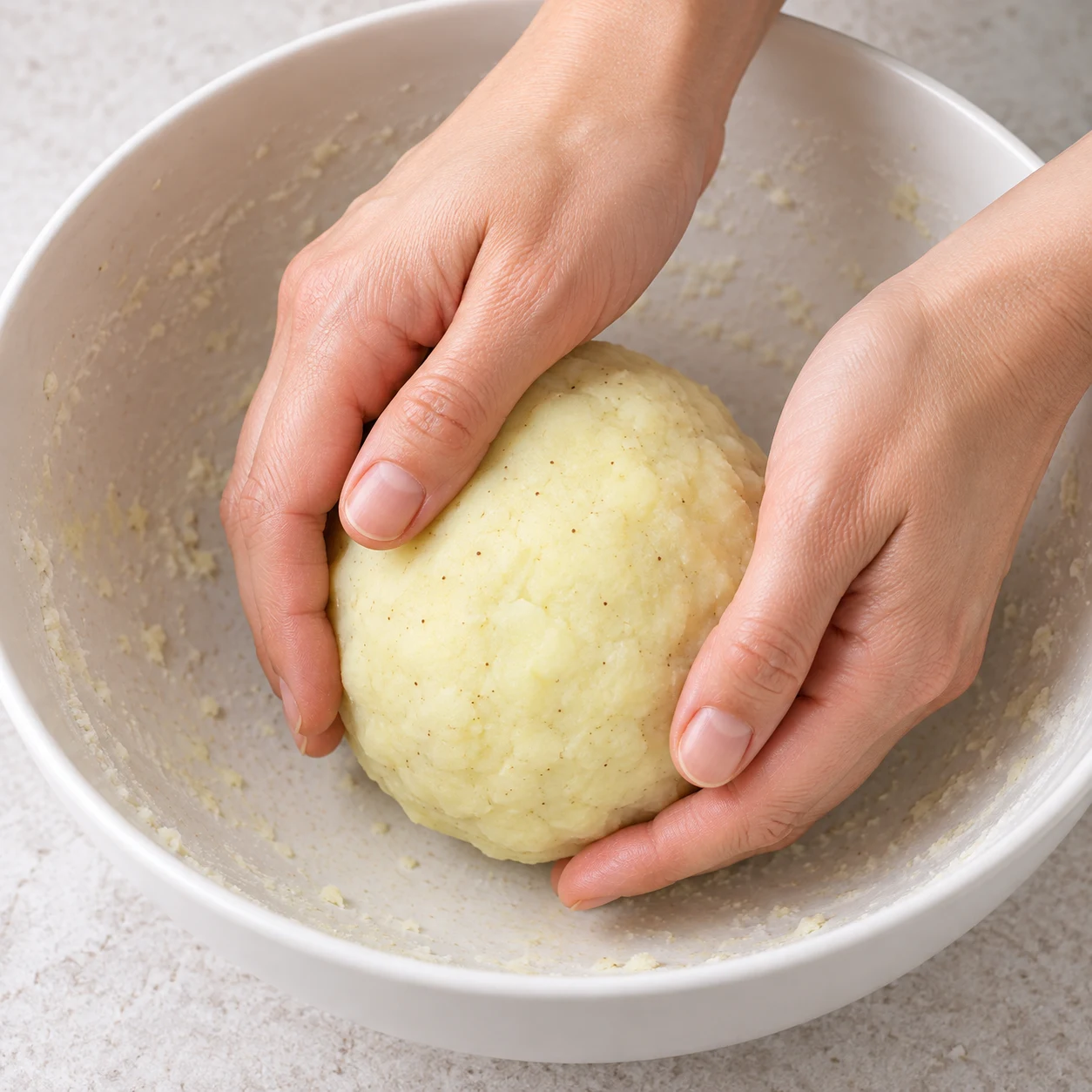 Photographie pédagogique de cette seule action : Travaille le mélange avec les mains pour former une boule de pâte non collante. État final : La pâte forme une boule et ne colle plus aux mains. Aucun ingrédient supplémentaire ni personne identifiable.