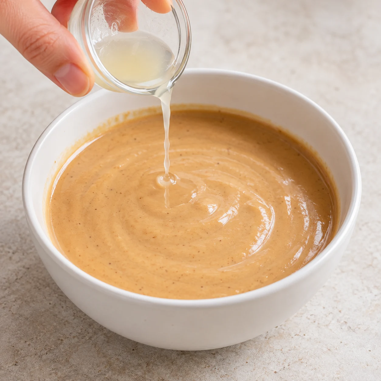 Cuillère avec sauce beige fluide, petit ajout facultatif de citron vert.