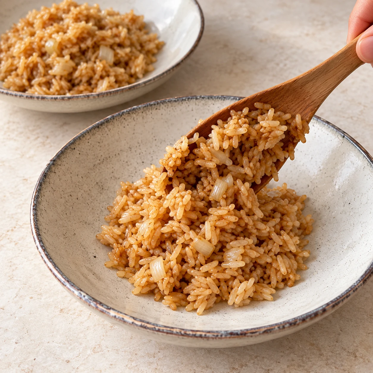 Répartis le riz frit entre deux assiettes. Résultat visible : Chaque assiette contient la moitié du riz frit.