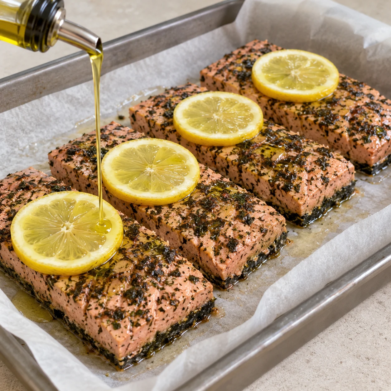 La surface des filets et le citron sont légèrement brillants.
