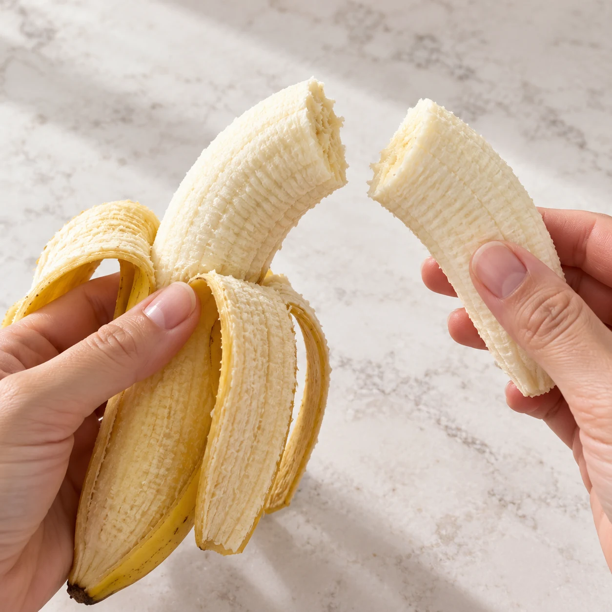 Une banane en cours d’épluchage, mains anonymes, sans ingrédients de la crème.