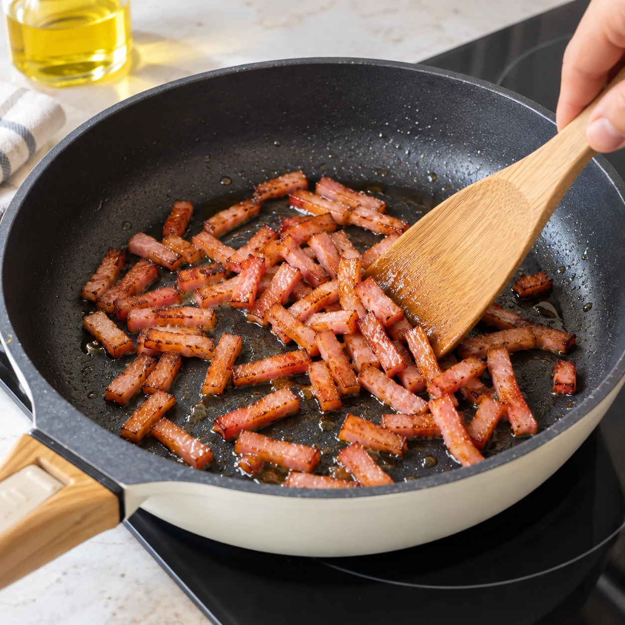 Lardons végétaux fumés rosés aux bords dorés dans une poêle légèrement huilée, remués à la spatule.