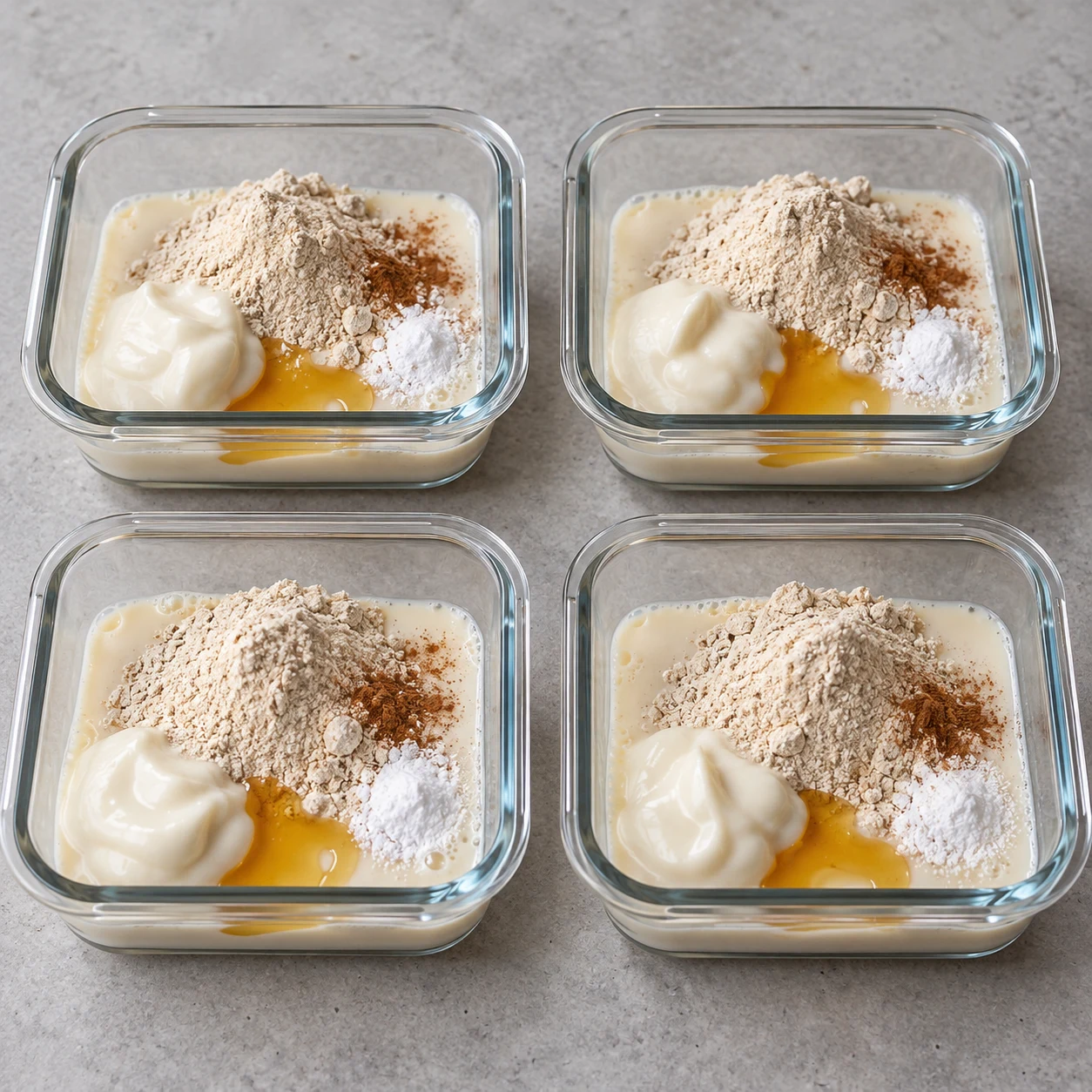 Quatre petits contenants rectangulaires en verre pour le four, avec ingrédients de pâte végane encore non mélangés ; aucun œuf, aucun sachet de complément, aucune pomme ni spéculoos.