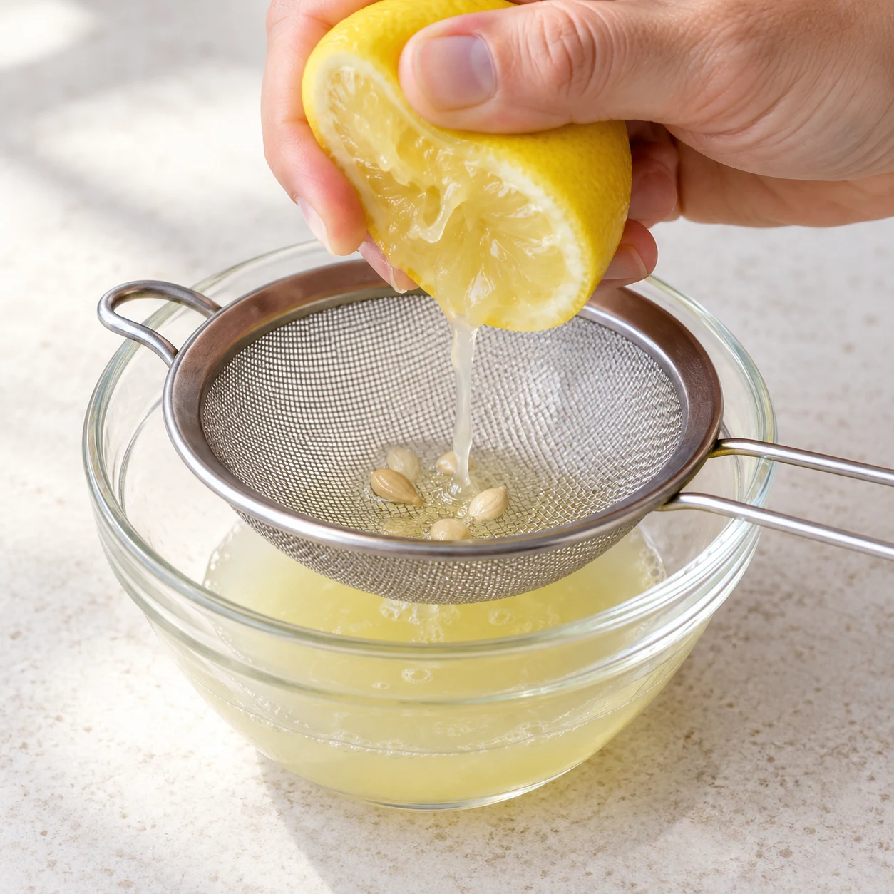 Demi-citron pressé au-dessus d’un petit récipient avec filtre à pépins.