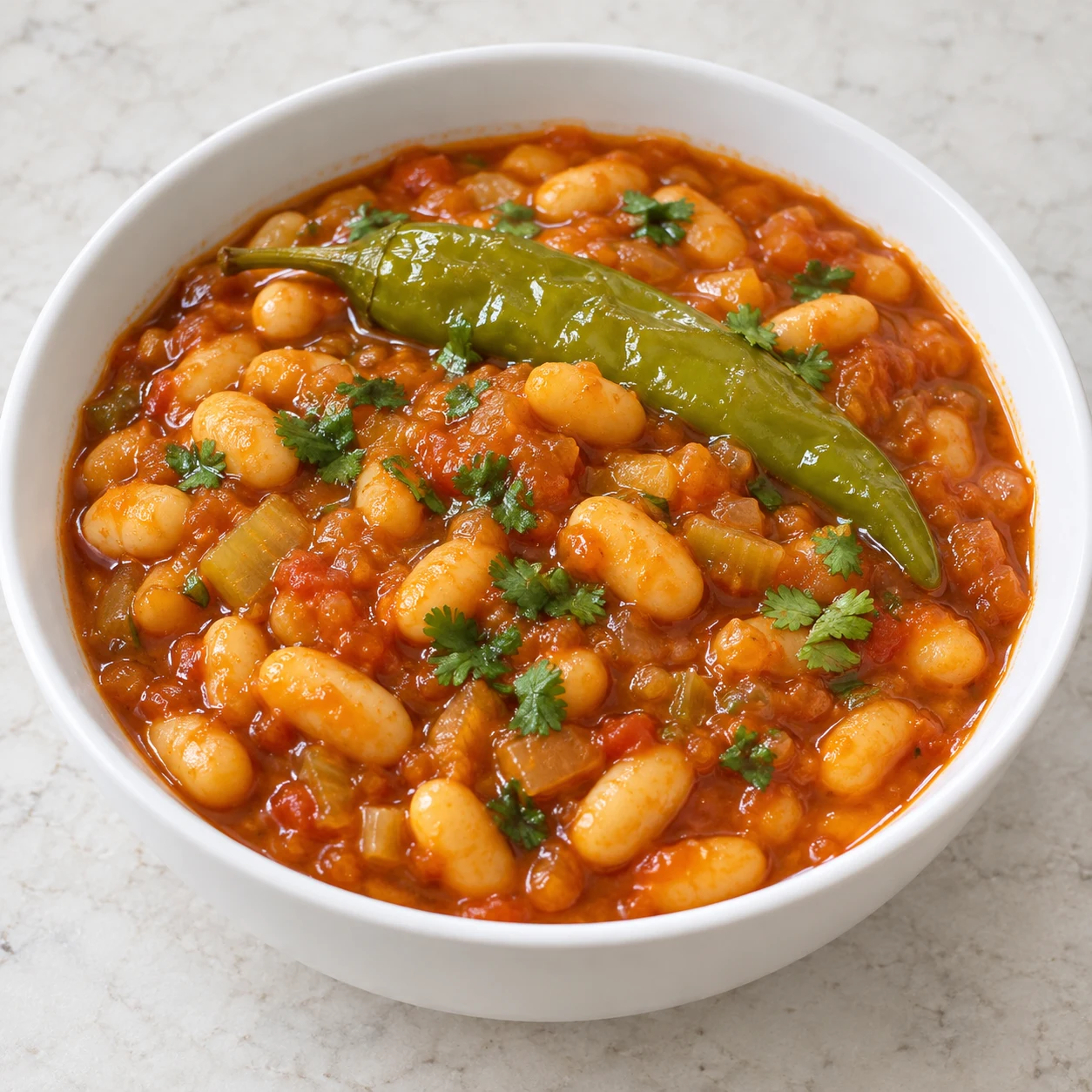 Bol neutre de haricots blancs fondants en sauce tomate rouge orangée, petites feuilles de coriandre et piment vert entier de présentation, sans viande ni pain.