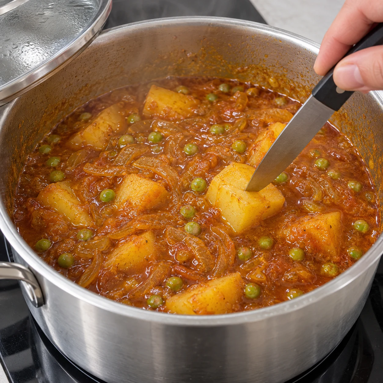 Une seule action : Mijoter les légumes. La pointe d’un couteau entre sans résistance dans la pomme de terre. Version végétale aux pois chiches, aucune viande, aucun seitan, aucun tofu.