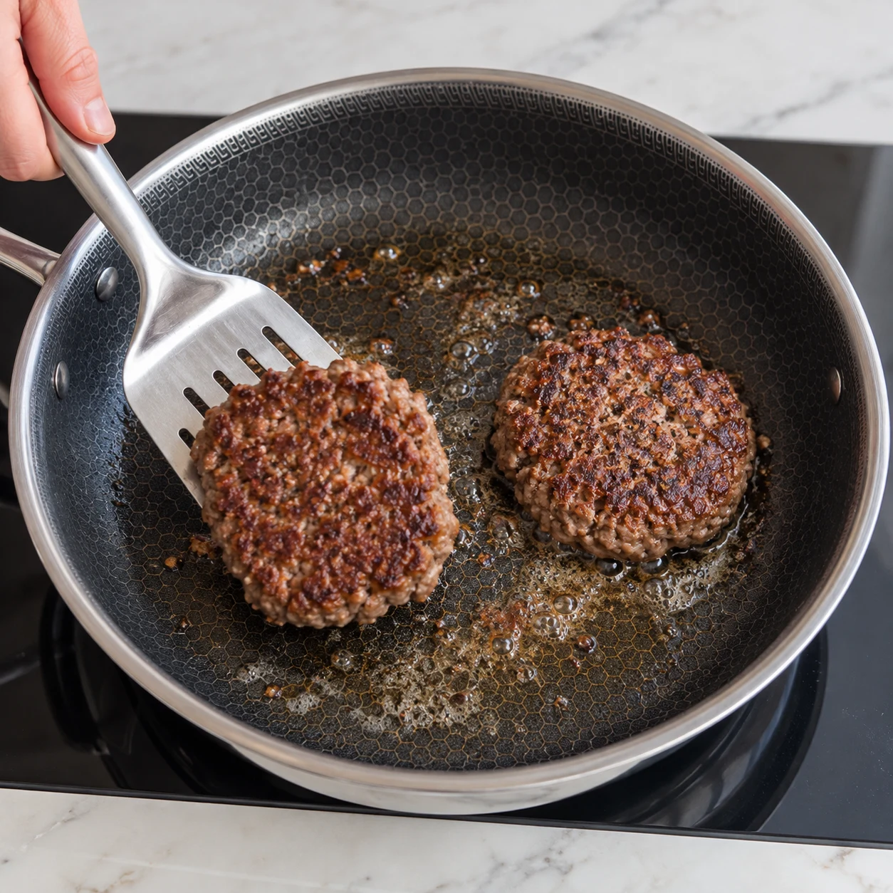 Une image carrée de l’action « Retourner les steaks », avec seulement les ingrédients autorisés à cette étape, dans leur état réel. La face dorée est tournée vers le haut. Mains anonymes si le geste le nécessite, aucun visage ni texte.
