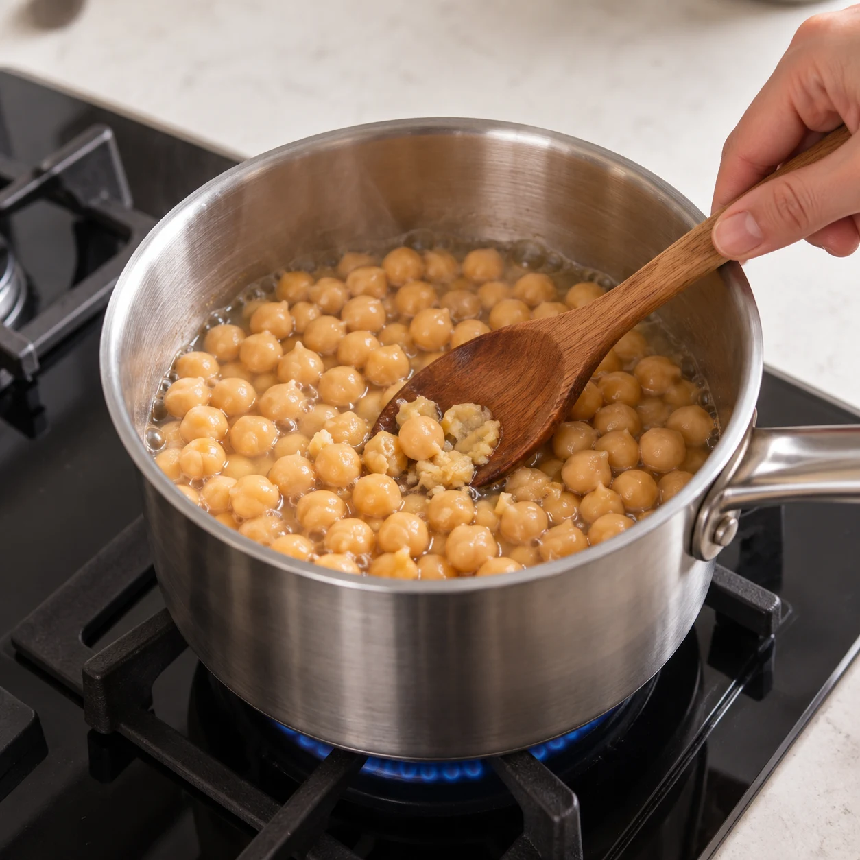 Réchauffer les pois chiches : Les pois chiches sont chauds et s’écrasent facilement sous une cuillère.
