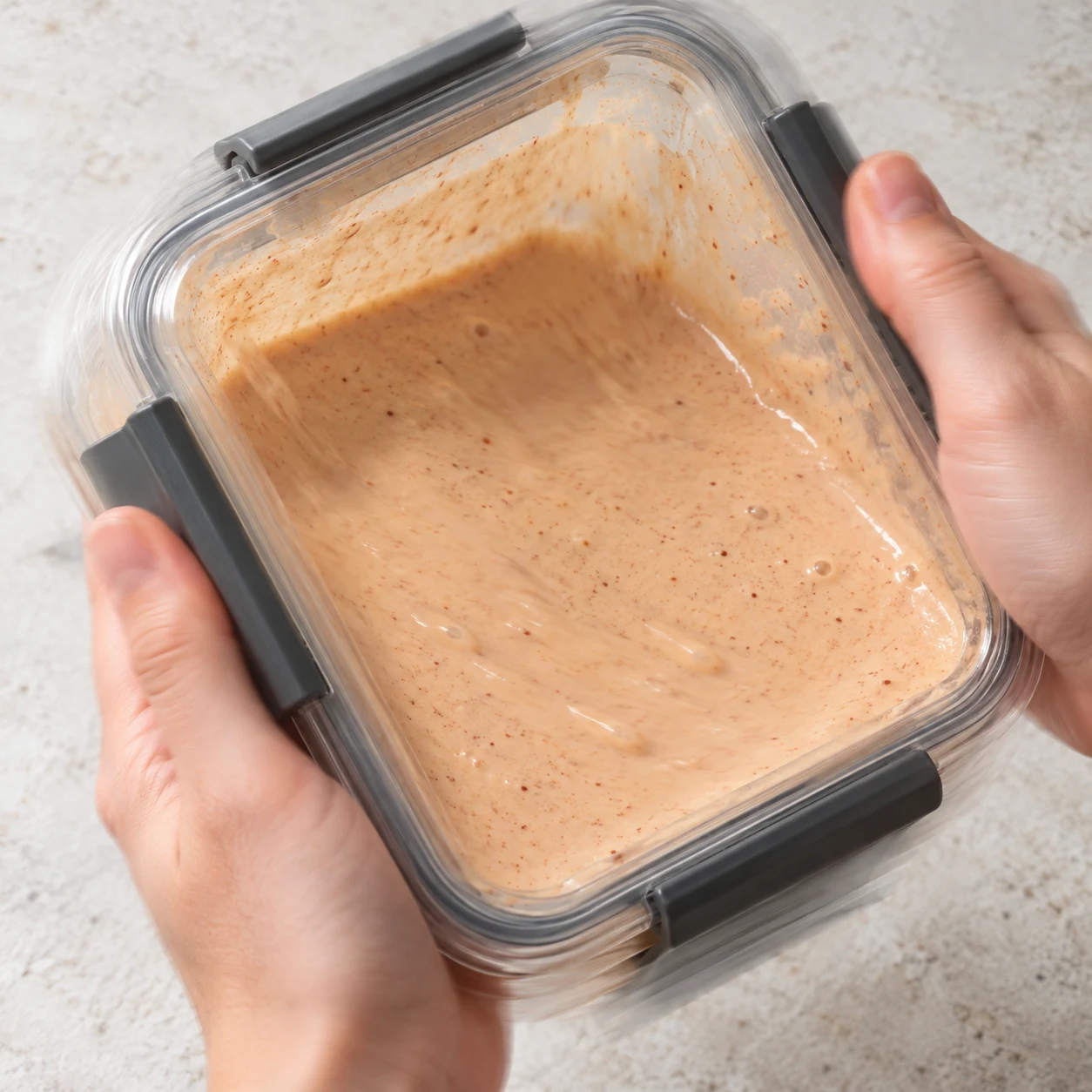 Boîte hermétique contenant une pâte fluide beige légèrement épicée, en cours de mélange.