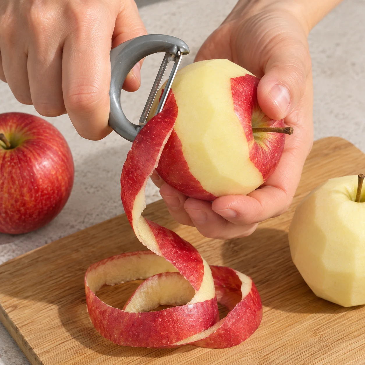 Peler une pomme avec un économe ; peau rouge en ruban, chair claire.