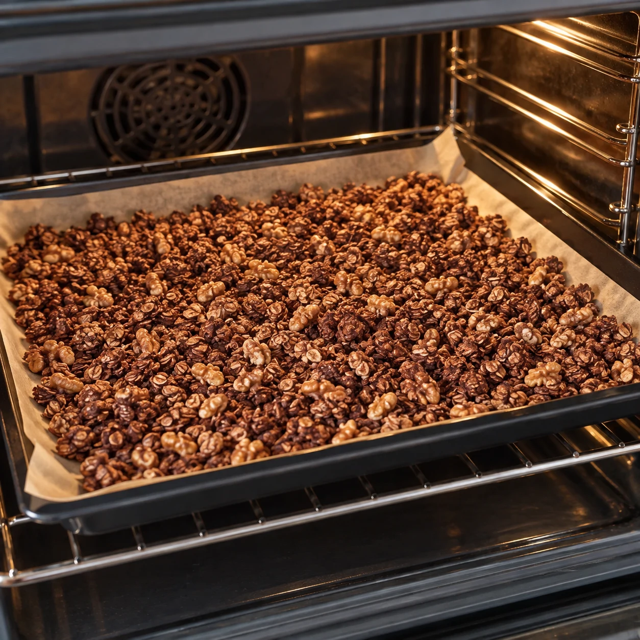 Plaque de granola cuit dans un four ; aucun chocolat ajouté, texture de flocons et noix cuits.