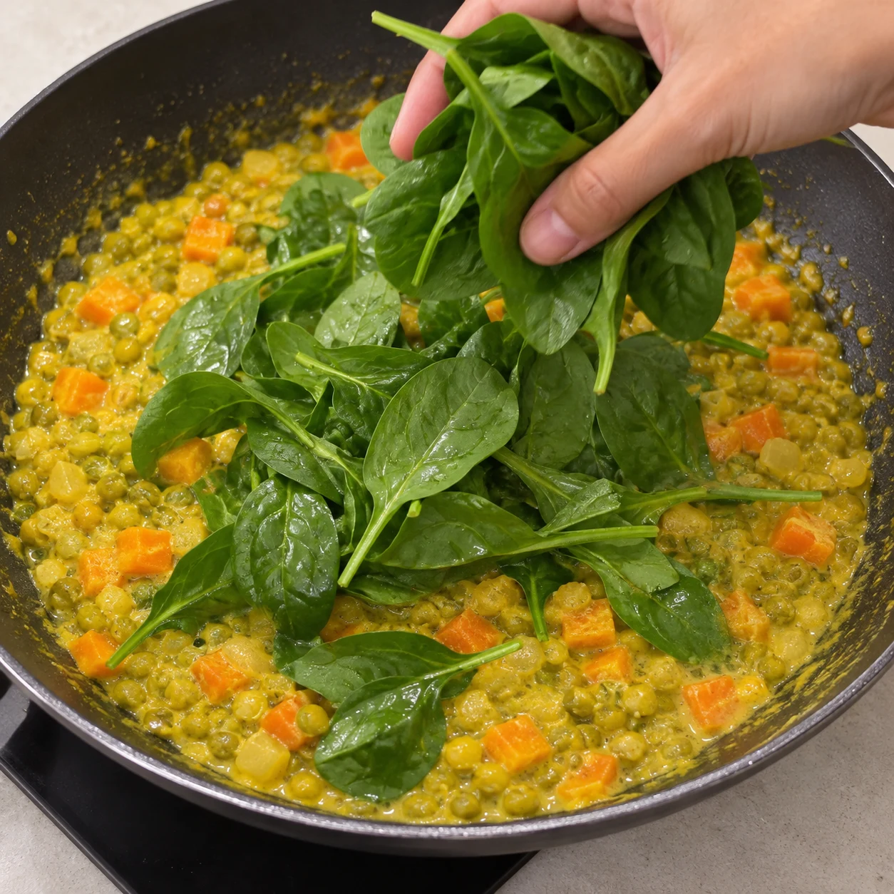 Main anonyme ajoutant des feuilles de jeunes épinards entières dans le wok avec pois cassés carottes et sauce jaune.