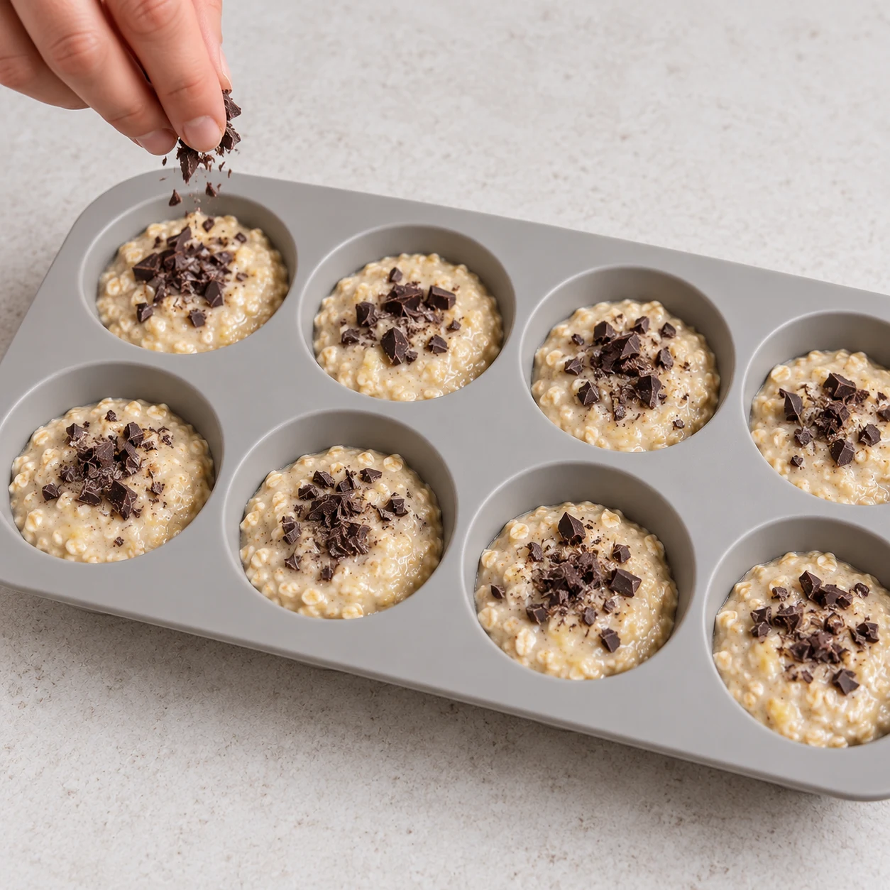 Chocolat noir râpé parsemé sur les muffins avant cuisson.