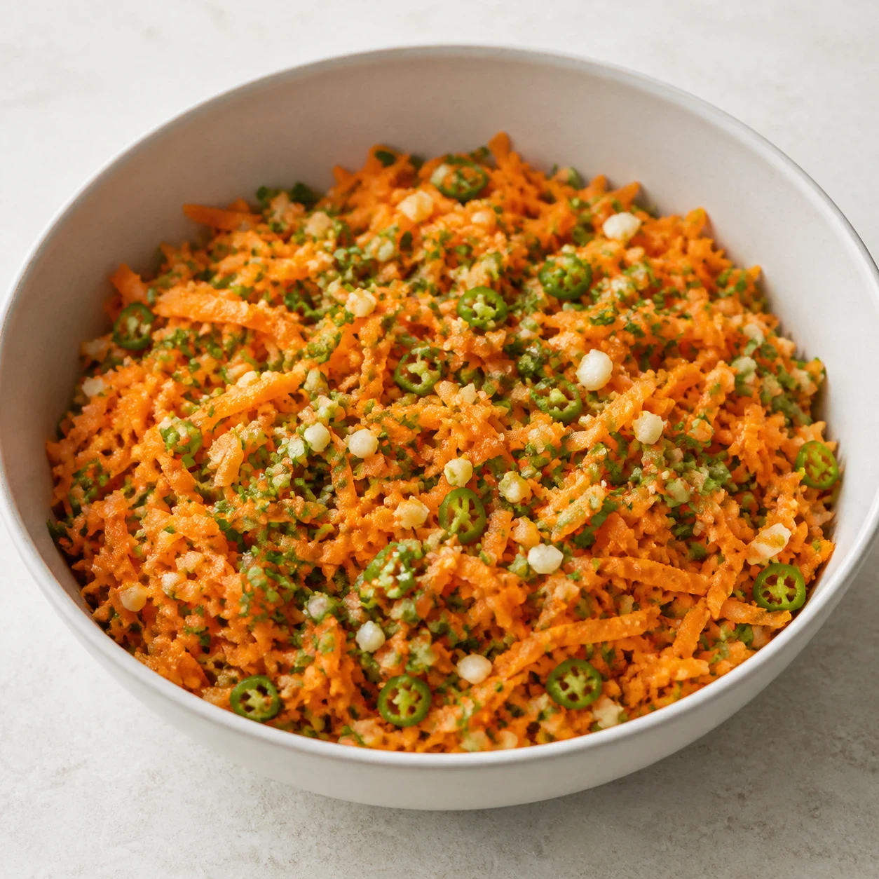 Saladier de carottes râpées mélangées à de l'ail haché, de l'oignon ciselé, de la ciboulette et du persil frais finement coupés, un piment vert frais émincé et de la feuille de laurier hachée. Aucune main, aucun texte, aucune marque.