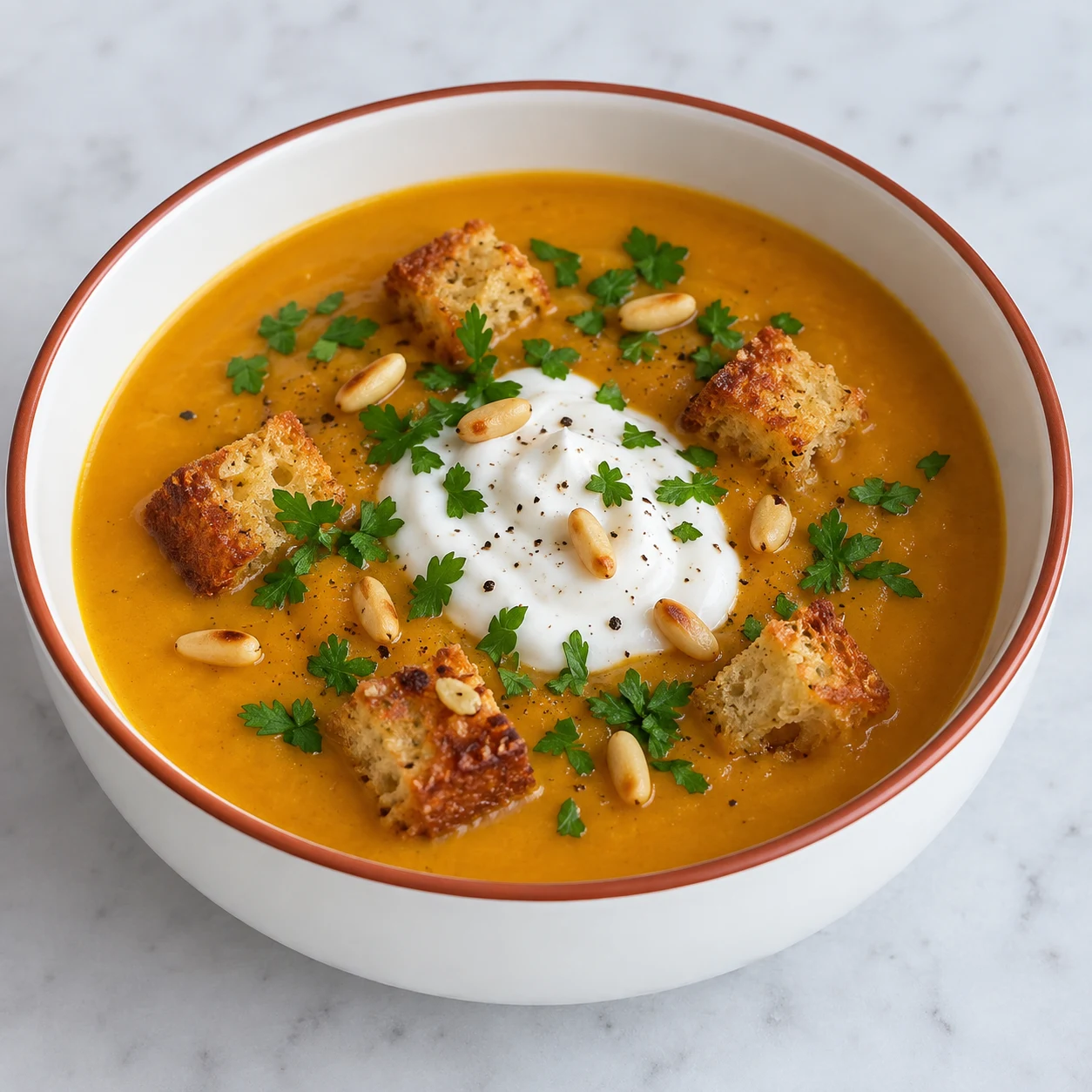 Soupe orange lisse dans un bol, petite cuillerée de yaourt soja crémeux, croûtons dorés à l’ail, persil et quelques pignons. Pas de fromage filé ni de produit laitier.