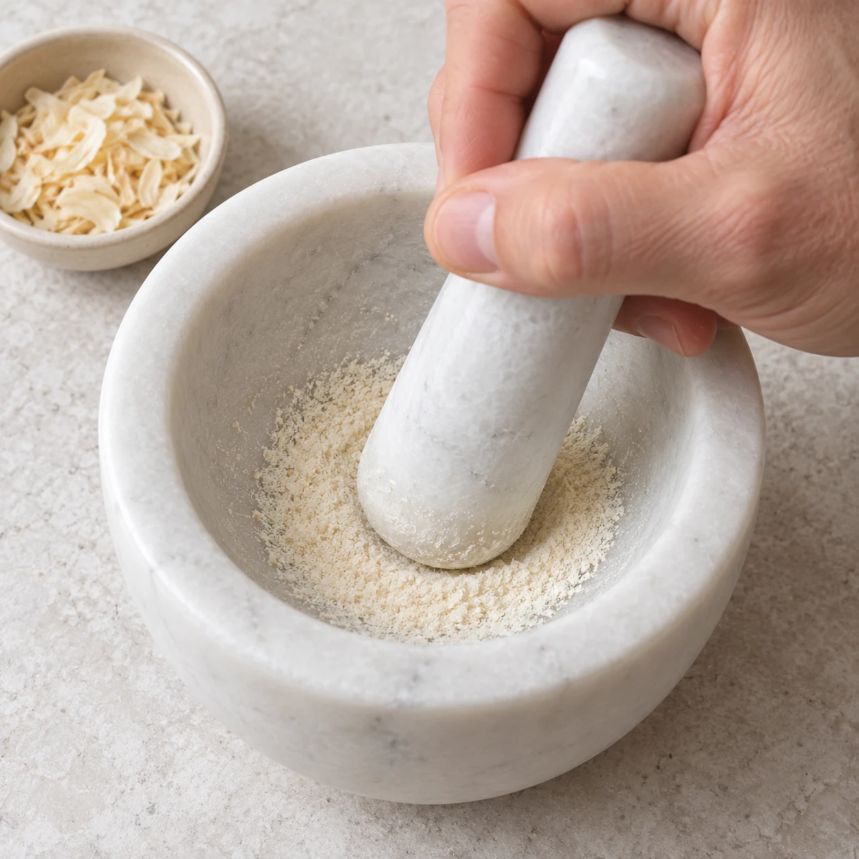 Pilon écrasant quelques flocons blancs d’oignon déshydraté dans un mortier blanc, une seule main adulte anonyme ; aucune sauce, aucun légume frais.