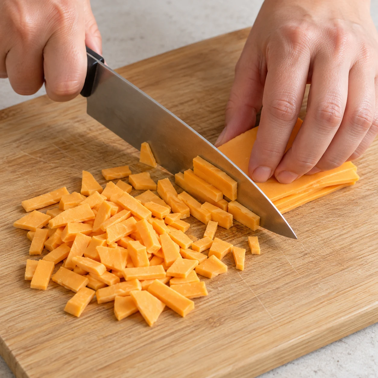 Main adulte anonyme découpant de fines tranchettes végétales orange pâle saveur cheddar en petits morceaux sur une planche.