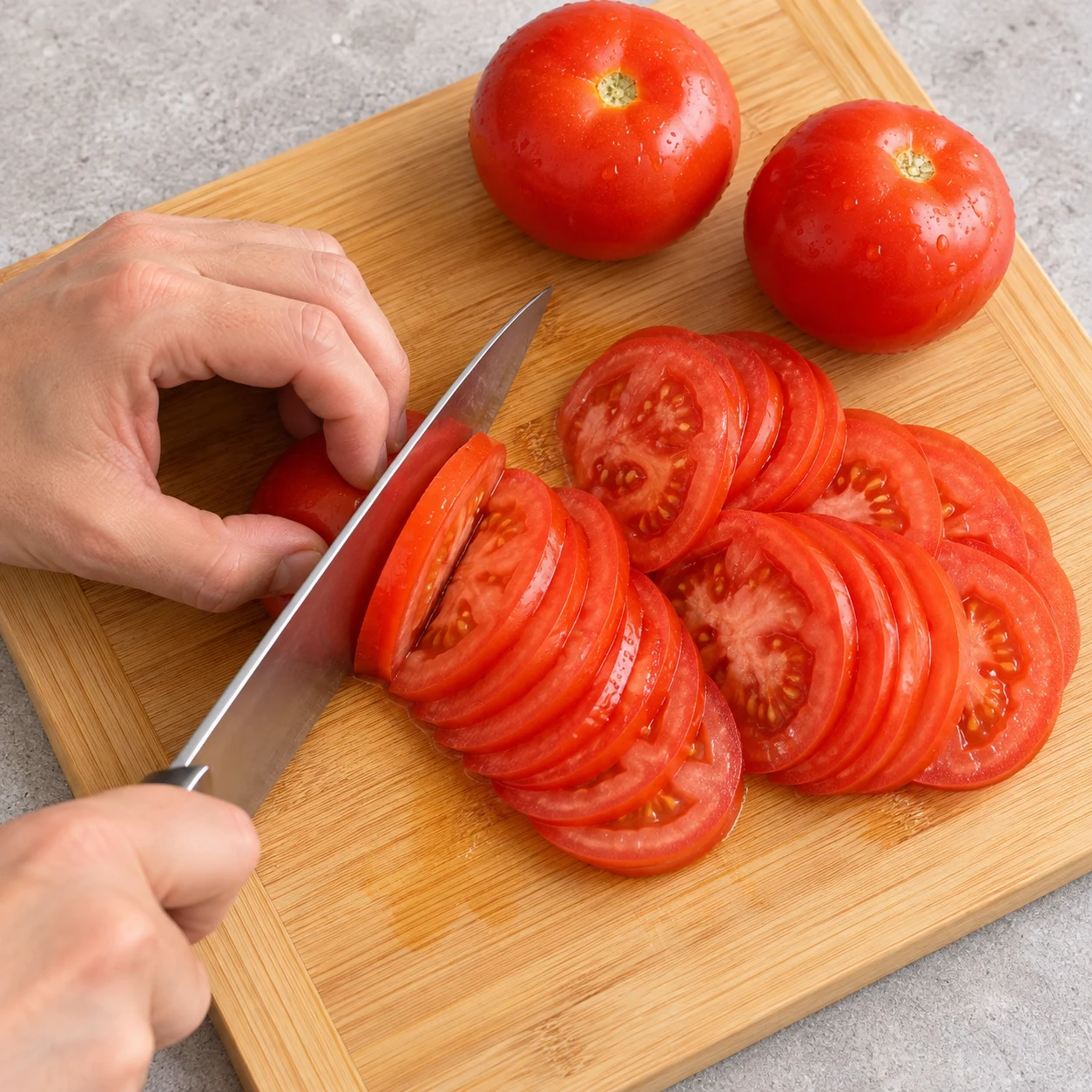 Trancher les tomates. Les trois tomates sont coupées en tranches fines. Une seule action, mêmes ingrédients et état que la capture ; mains adultes anonymes si utiles.