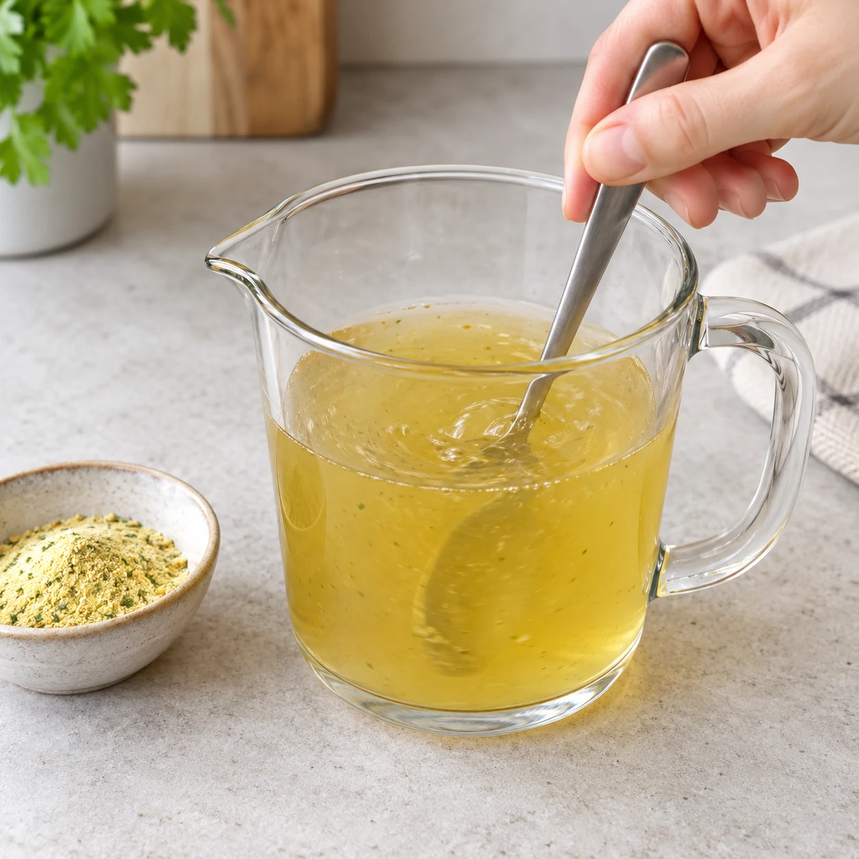 Une main anonyme mélange du bouillon clair dans un récipient gradué sans marquage lisible.