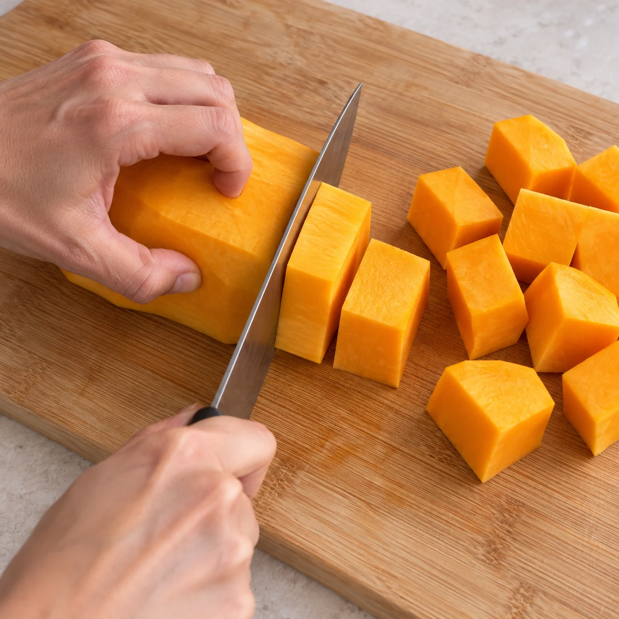 Coupe sûre de chair de butternut orange en cubes épais, sans autre aliment.