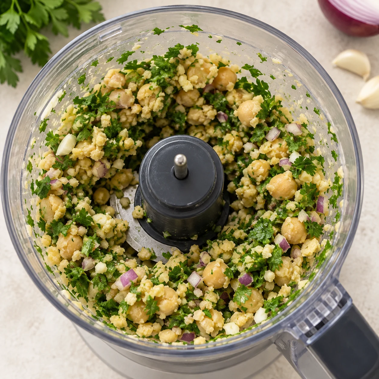 Une seule phase : Mixez les pois chiches avec le persil haché et les aromates réservés, par courtes impulsions. Arrêtez avant de former une purée lisse. État attendu : Le mélange est finement haché mais garde de petits morceaux. Sans texte, sans personne identifiable, uniquement les ingrédients de cette étape.