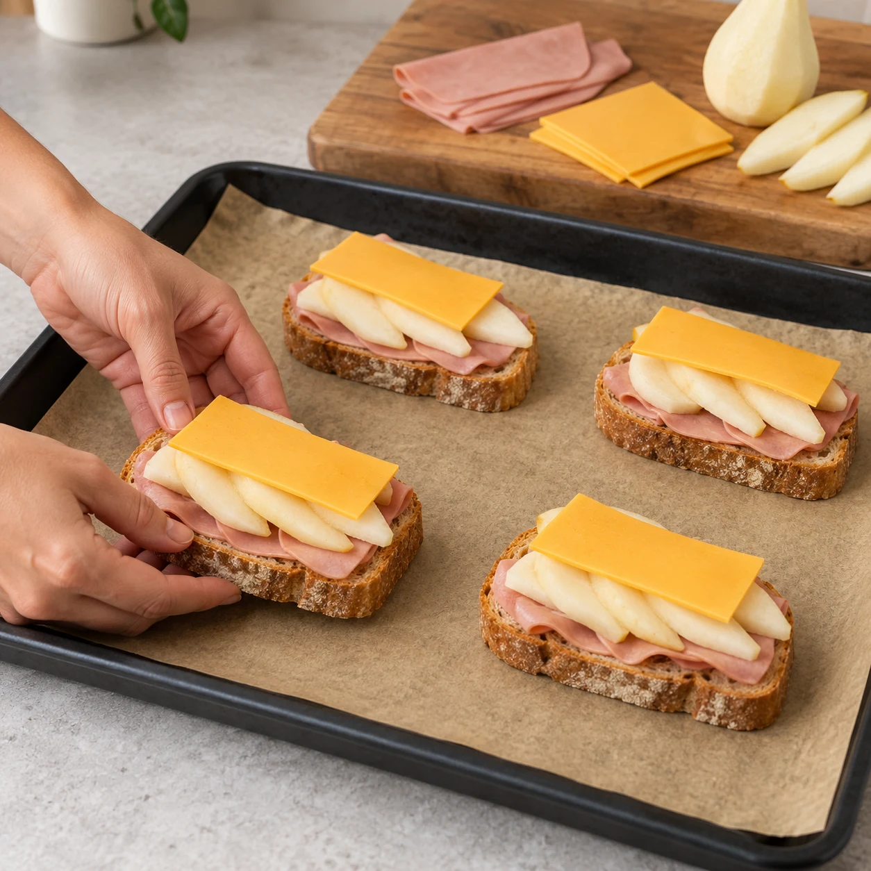 Transfère les toasts sur une plaque garnie de papier cuisson. Montrer seulement les ingrédients de cette étape, les alternatives véganes acceptées et des mains adultes anonymes si nécessaire.
