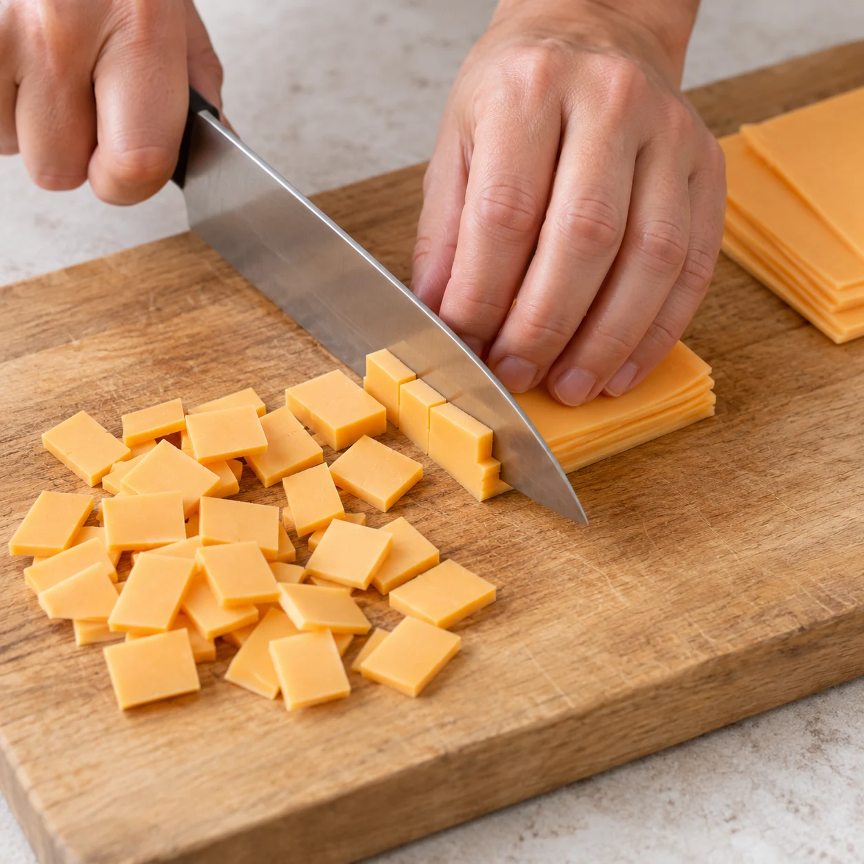 Mains anonymes découpant des tranches végétales orange pâle en petits carrés, pas de fromage blanc cendré.
