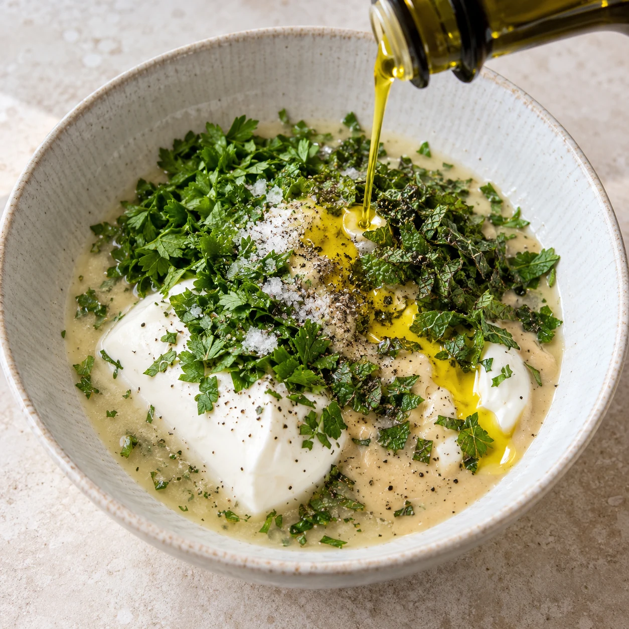Filet d’huile d’olive versé sur le yaourt végétal et tahini, herbes fraîches hachées et menthe fraîche ciselée, sel et poivre.