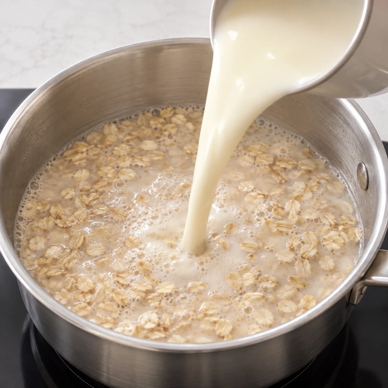 Versement de liquide végétal blanc sur les flocons, casserole inox.