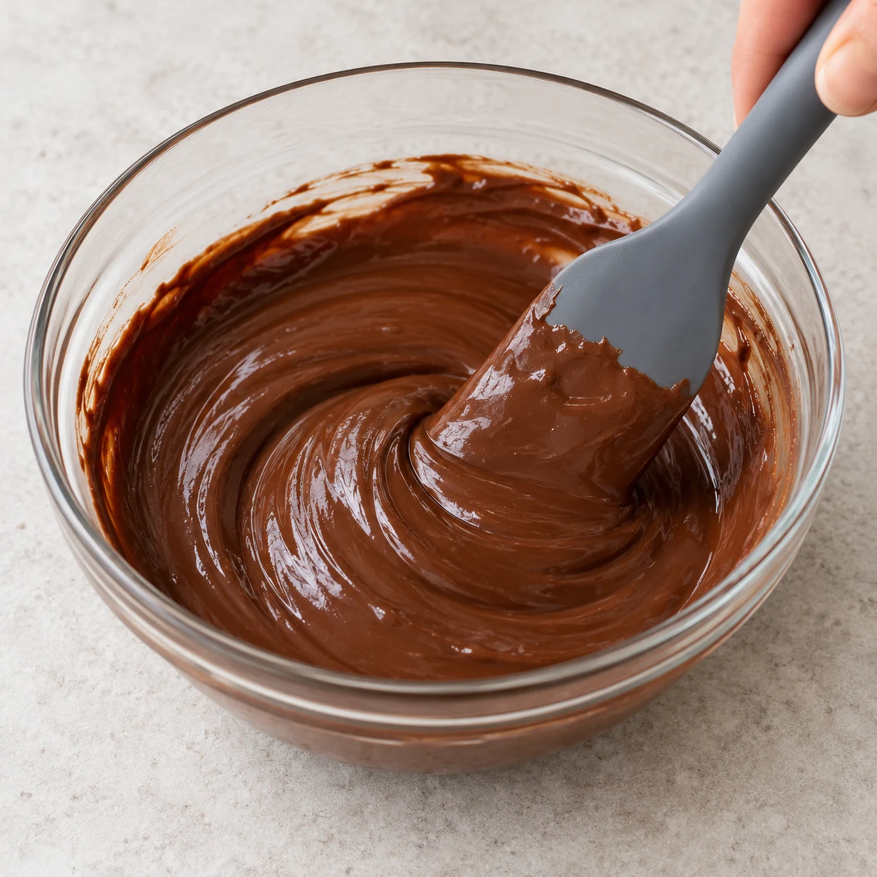Spatule mélangeant chocolat fondu et beurre de cacahuète dans un bol séparé.