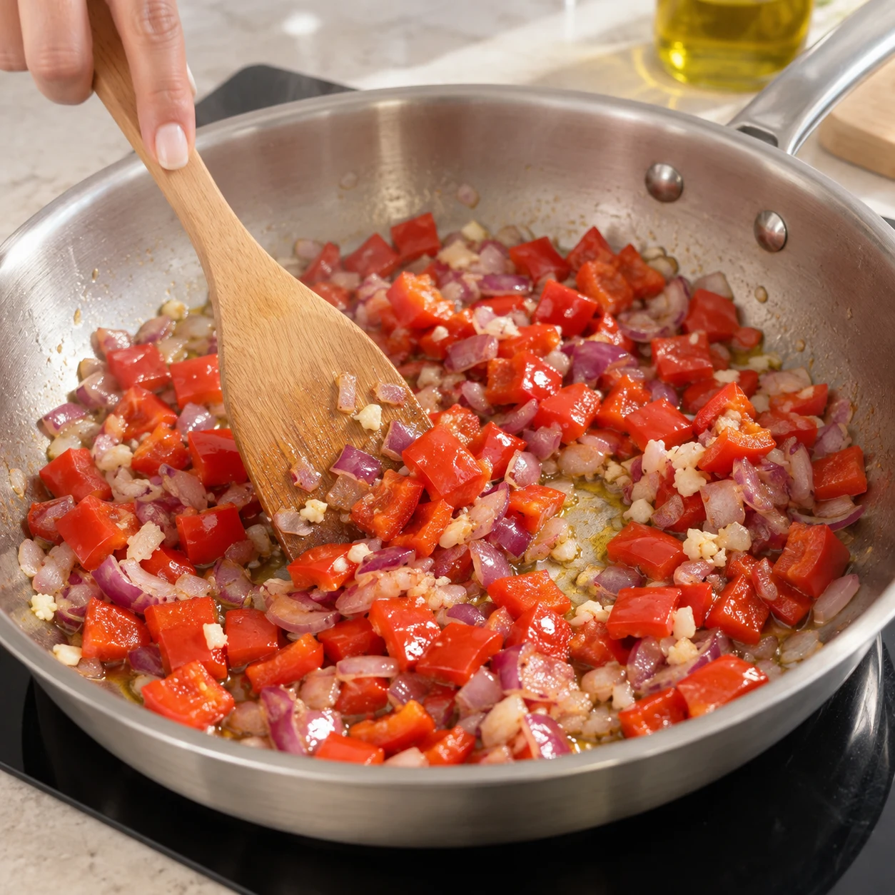 Une seule poêle avec poivrons rouges en dés, oignons et ail dans un peu d’huile ; mélange à la spatule.