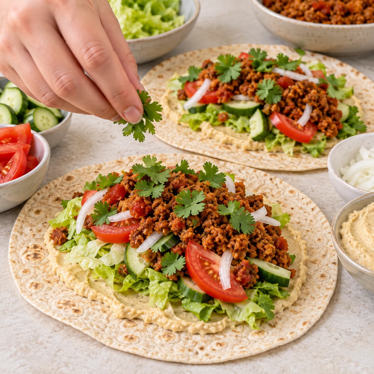 Répartis la salade, le concombre, la tomate, l’oignon et les haché de soja chaud sur les tortillas. Ajoute les feuilles de coriandre visibles dans la recette d’origine.