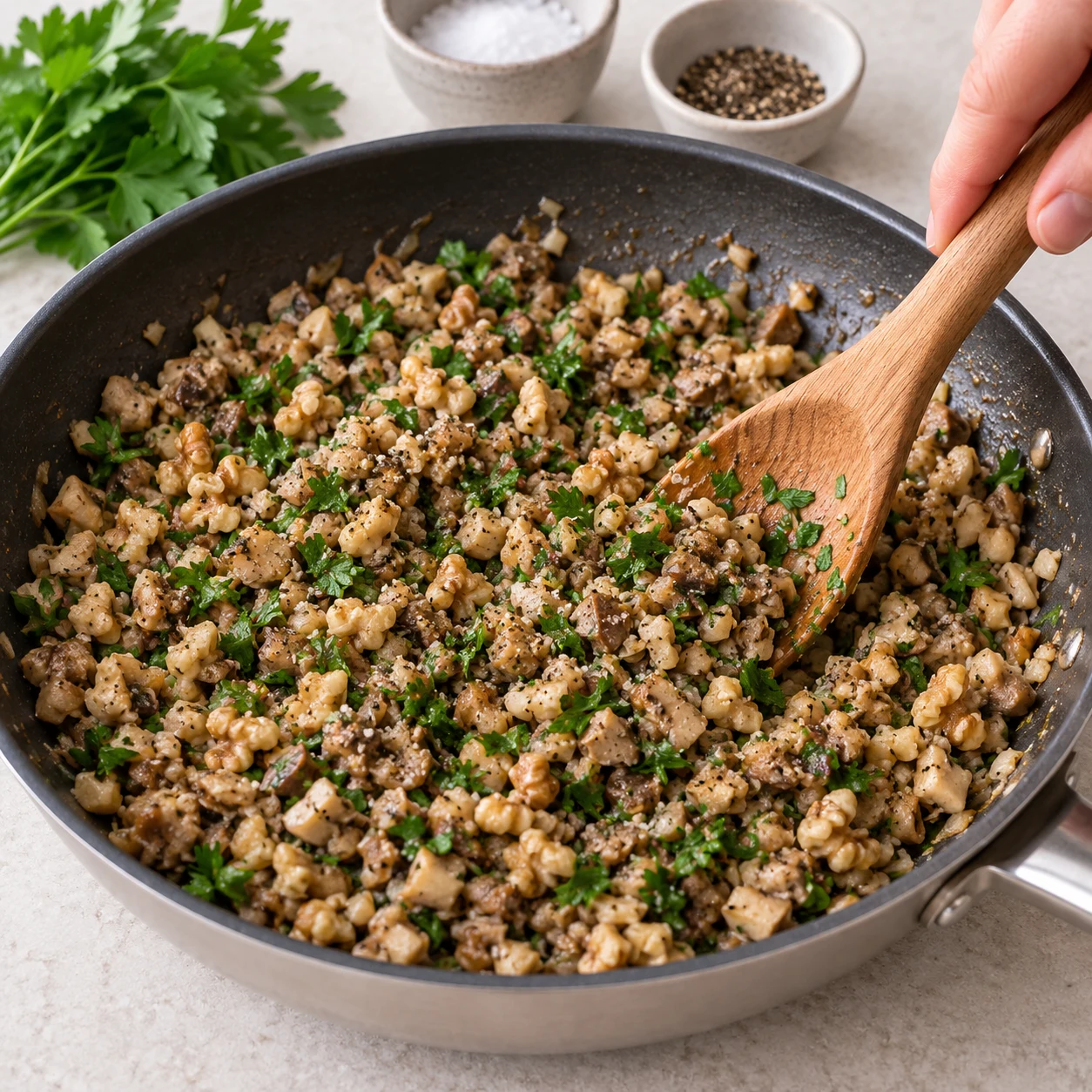 Poêle contenant champignons hachés, morceaux de noix et persil ciselé mélangés.