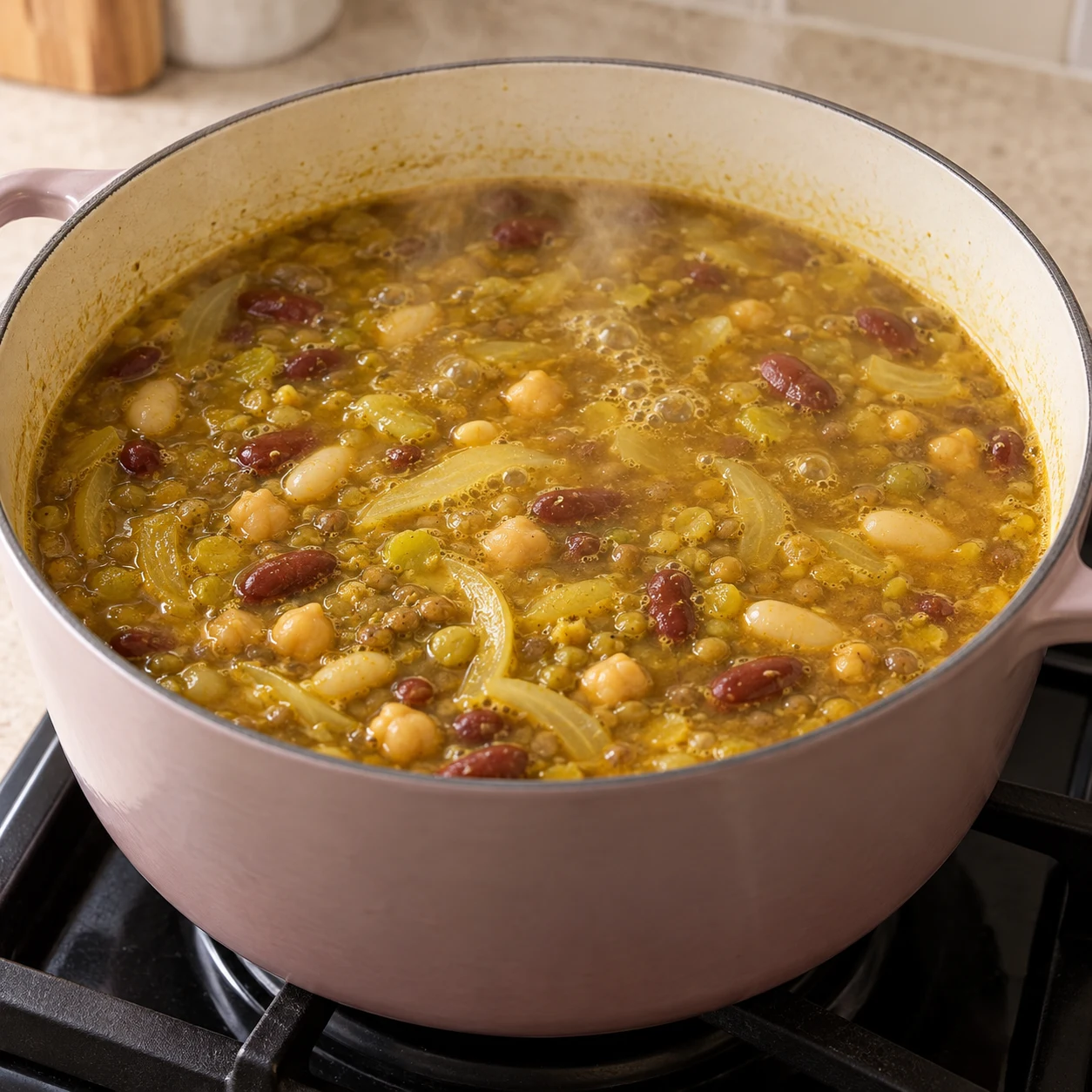 Laisse mijoter la soupe encore 15 à 20 minutes à feu doux. Résultat attendu : Le bouillon jaune brun entoure les légumineuses tendres et les oignons.
