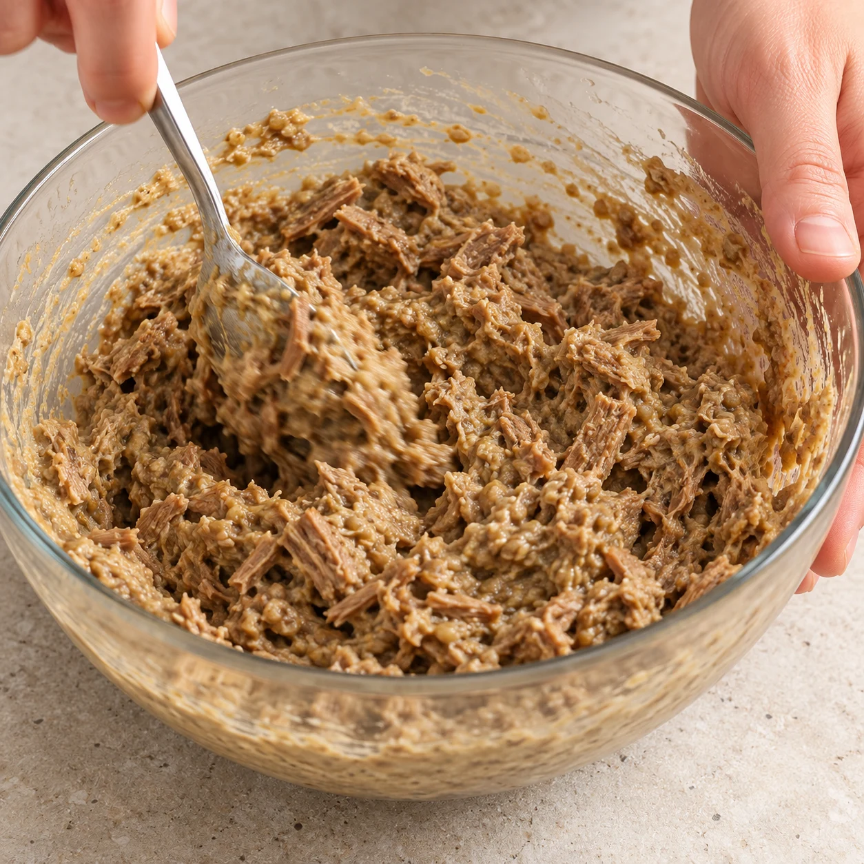 Saladier en verre où une cuillère mélange des fibres de steak végétal brunes dans une purée de lentilles beige.