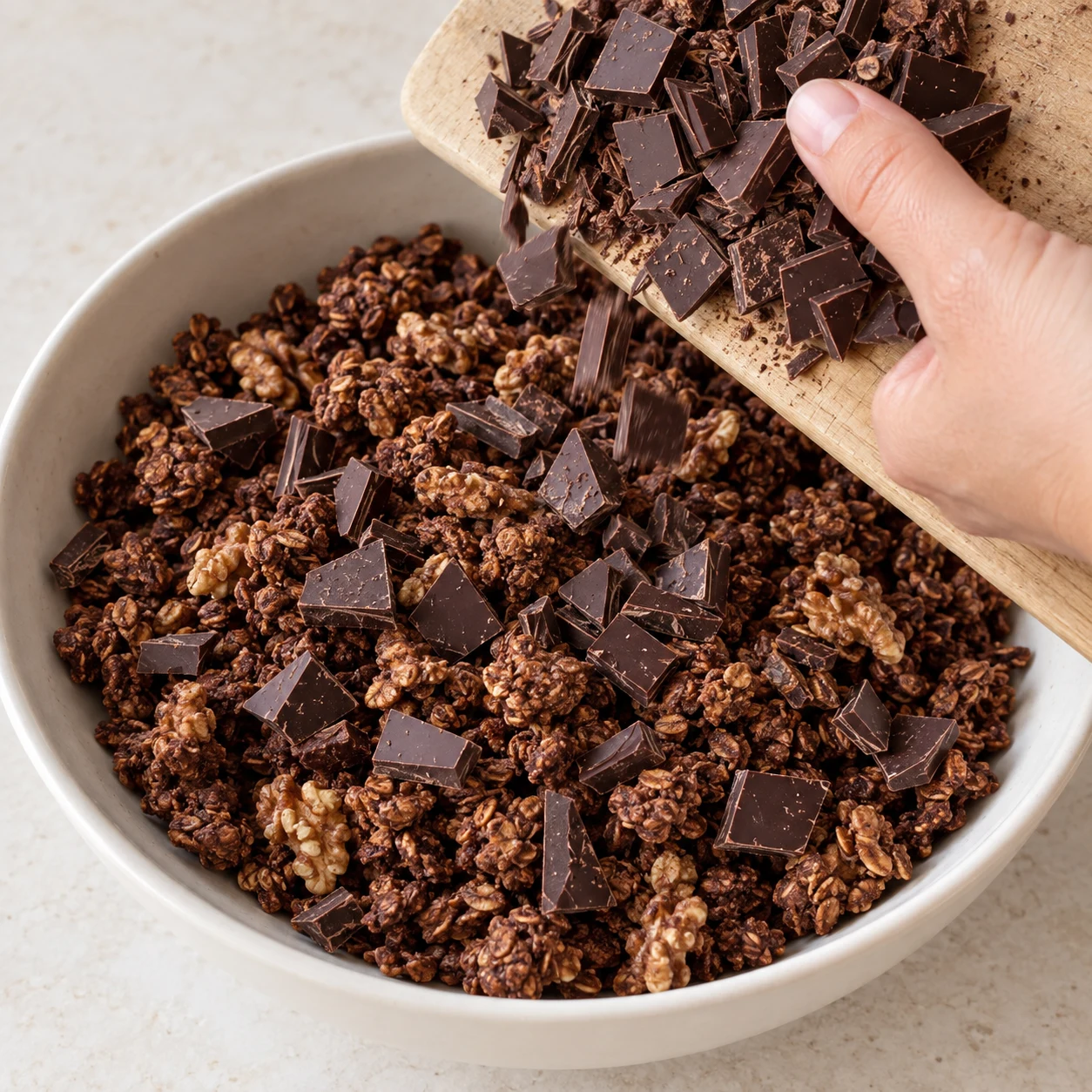 Une main verse les morceaux de chocolat depuis une planche dans un bol de granola froid.